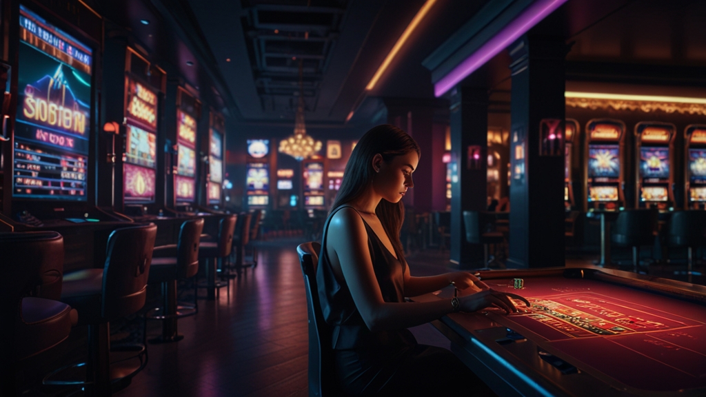 Spieler liest Erfahrungsberichte zur Auszahlung in einer dunklen Casino-Atmosphäre